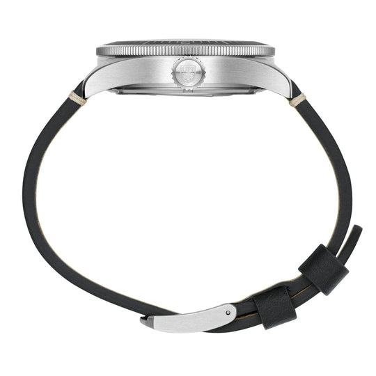 Wristwatch with a silver case and black leather strap.