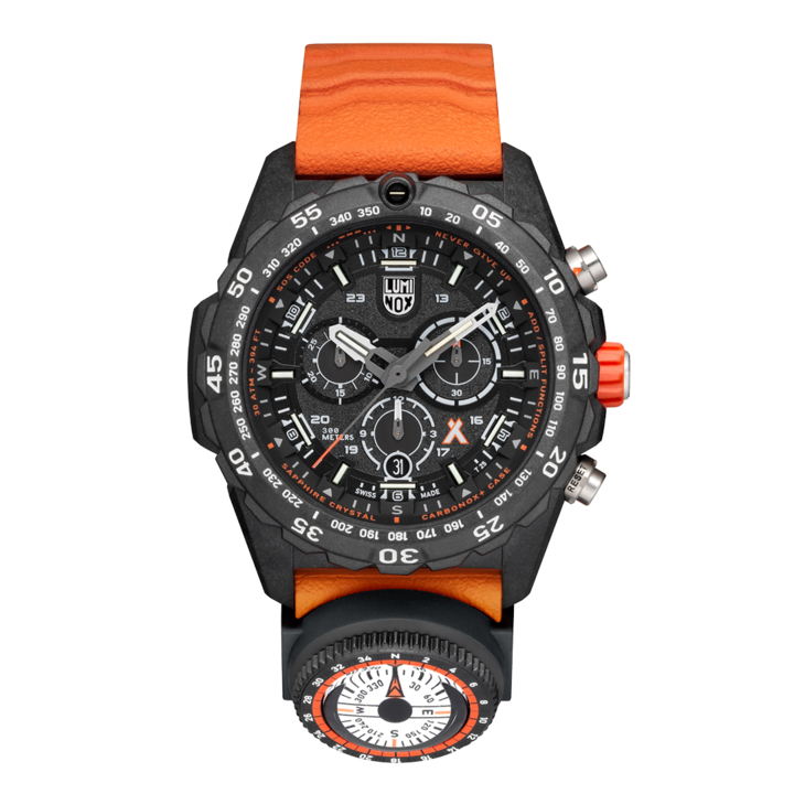 Rugged sports watch with orange strap and built-in compass.