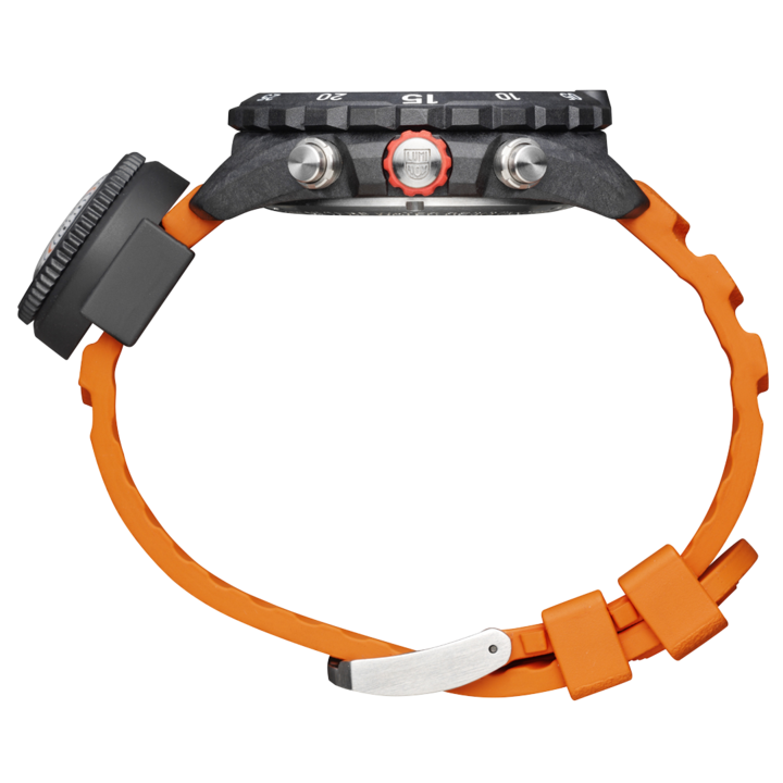 Rugged sports watch with a black case and bright orange strap.