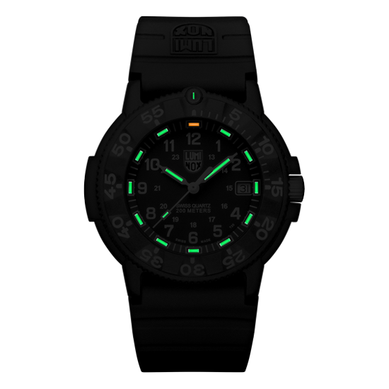 Black wristwatch with luminous green hour markers and hands.