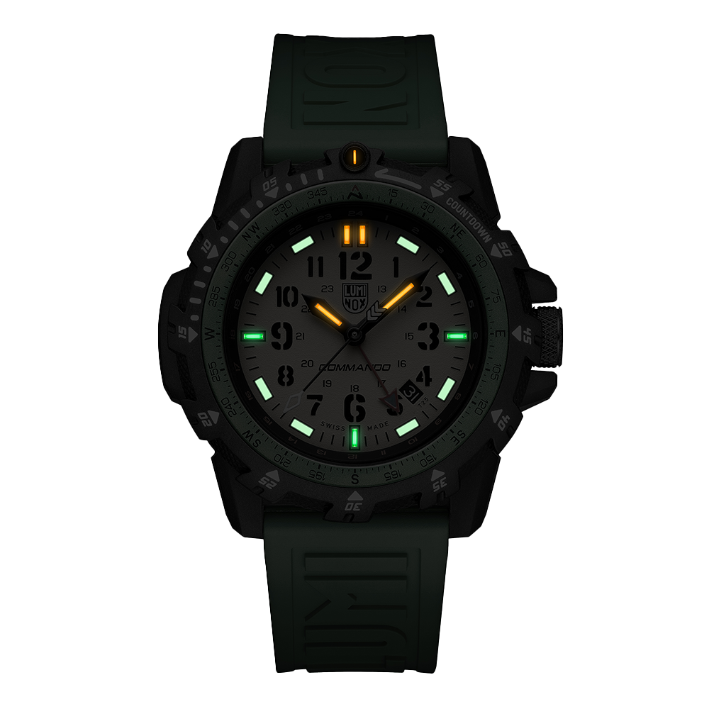 Black tactical wristwatch with luminous markings on the dial.