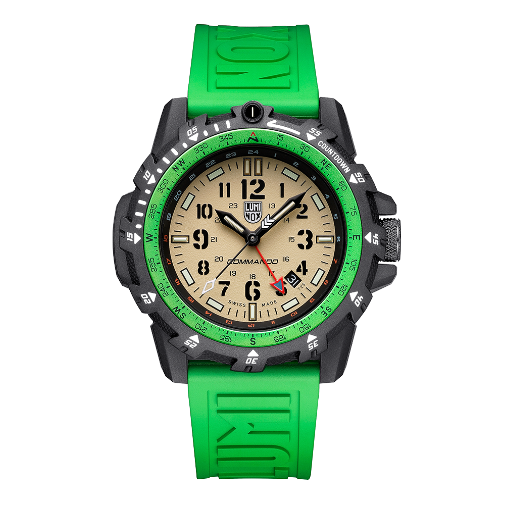 Rugged sports watch with a bright green strap and bezel surrounding a tan-colored dial.