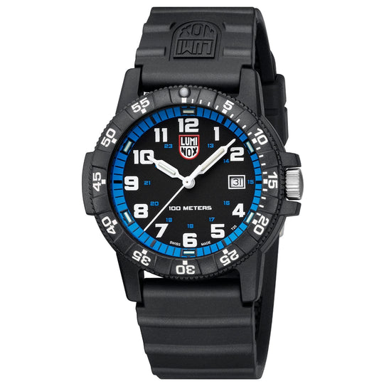 Black sports watch with a blue and white dial featuring the Luminox logo.