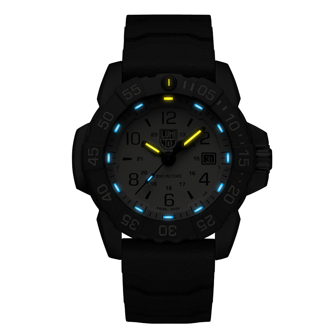 Black tactical wristwatch with luminous blue and yellow markings on the dial.