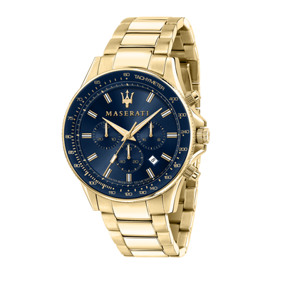 Gold-toned Maserati wristwatch with a blue dial face.