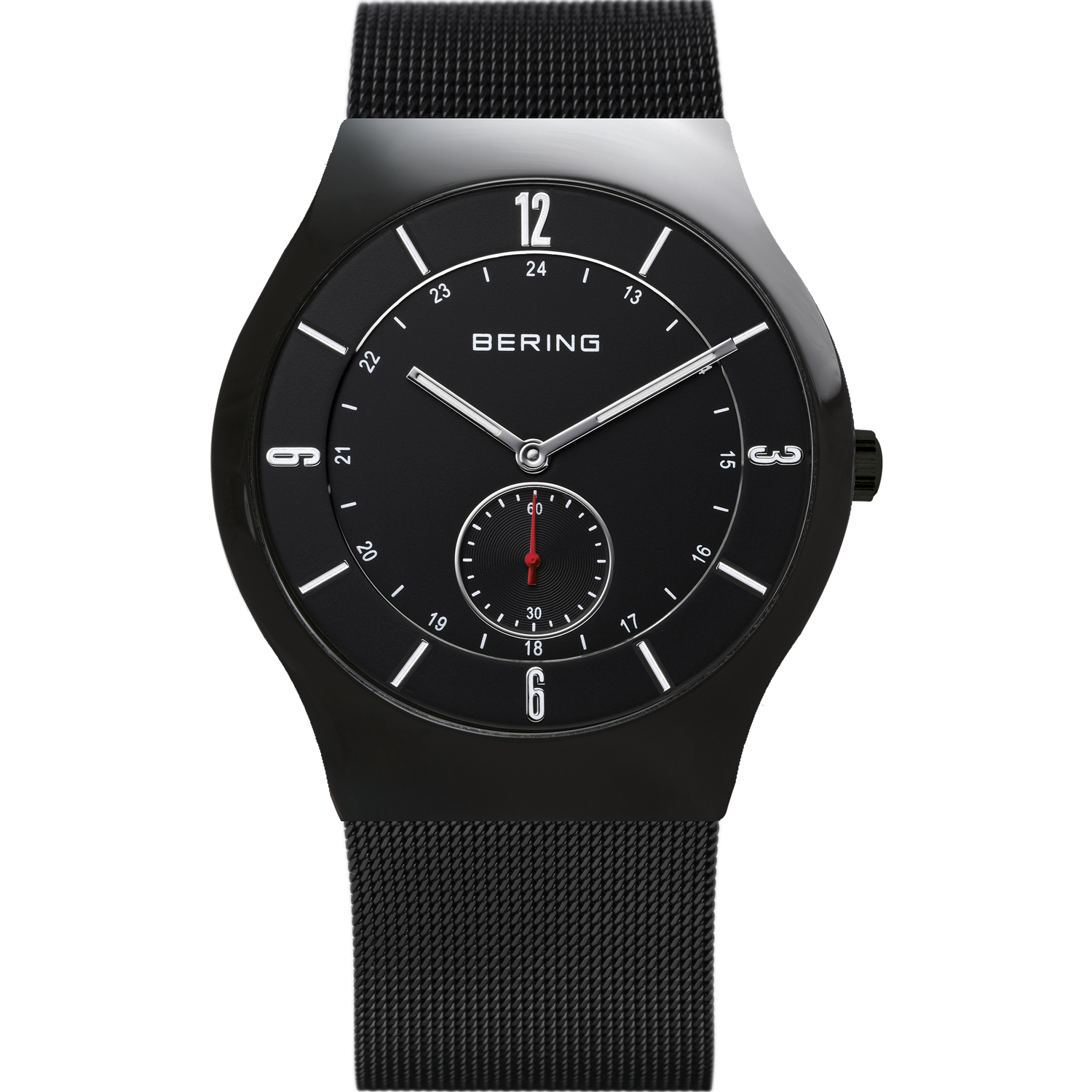 Sleek black wristwatch with a minimalist design and mesh band.