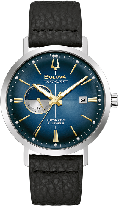 Bulova Aerojet Automatic Blue Dial Black Leather Band Mens Watch