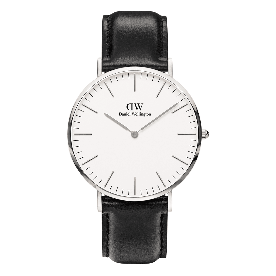 Sleek wristwatch with a white face, silver case, and black leather strap.