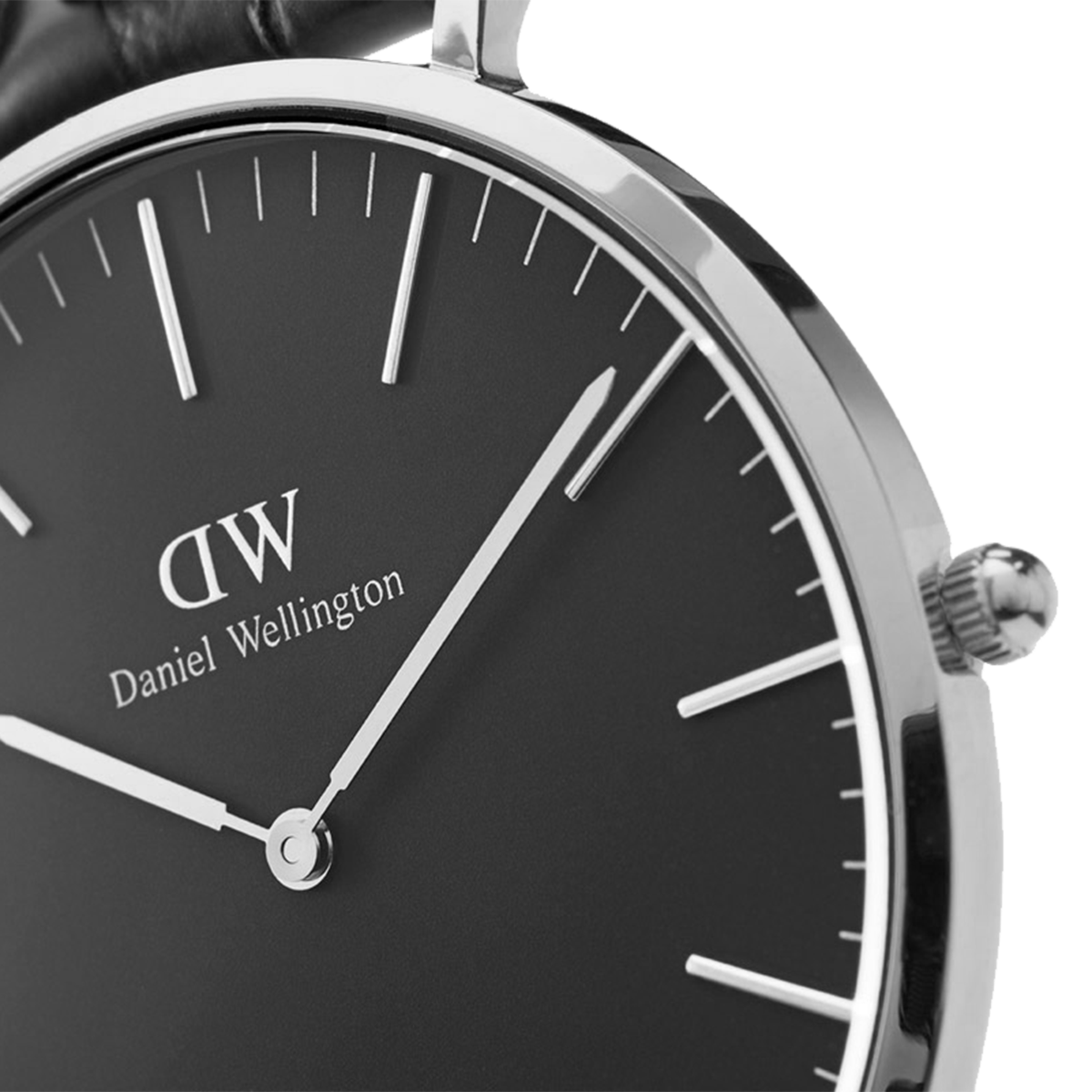 Sleek wristwatch with a black dial and silver case displaying the Daniel Wellington brand.