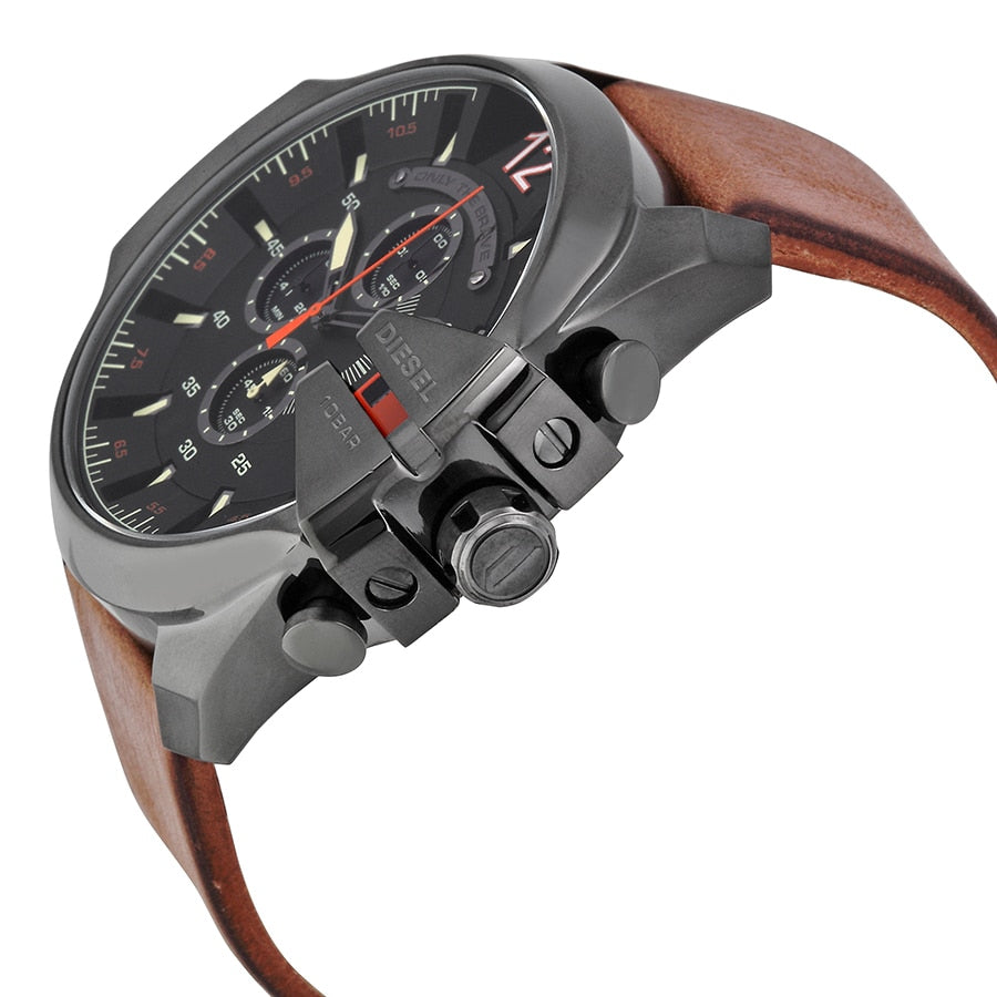 Men’s wristwatch with a dark face, brown leather strap, and multiple chronograph subdials.