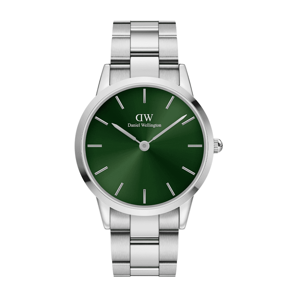 Stainless steel wristwatch with a green dial and silver metal bracelet.