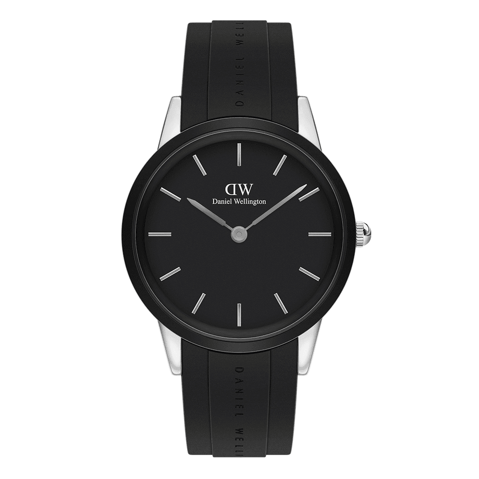 Sleek black wristwatch with silver accents and a minimalist dial design.
