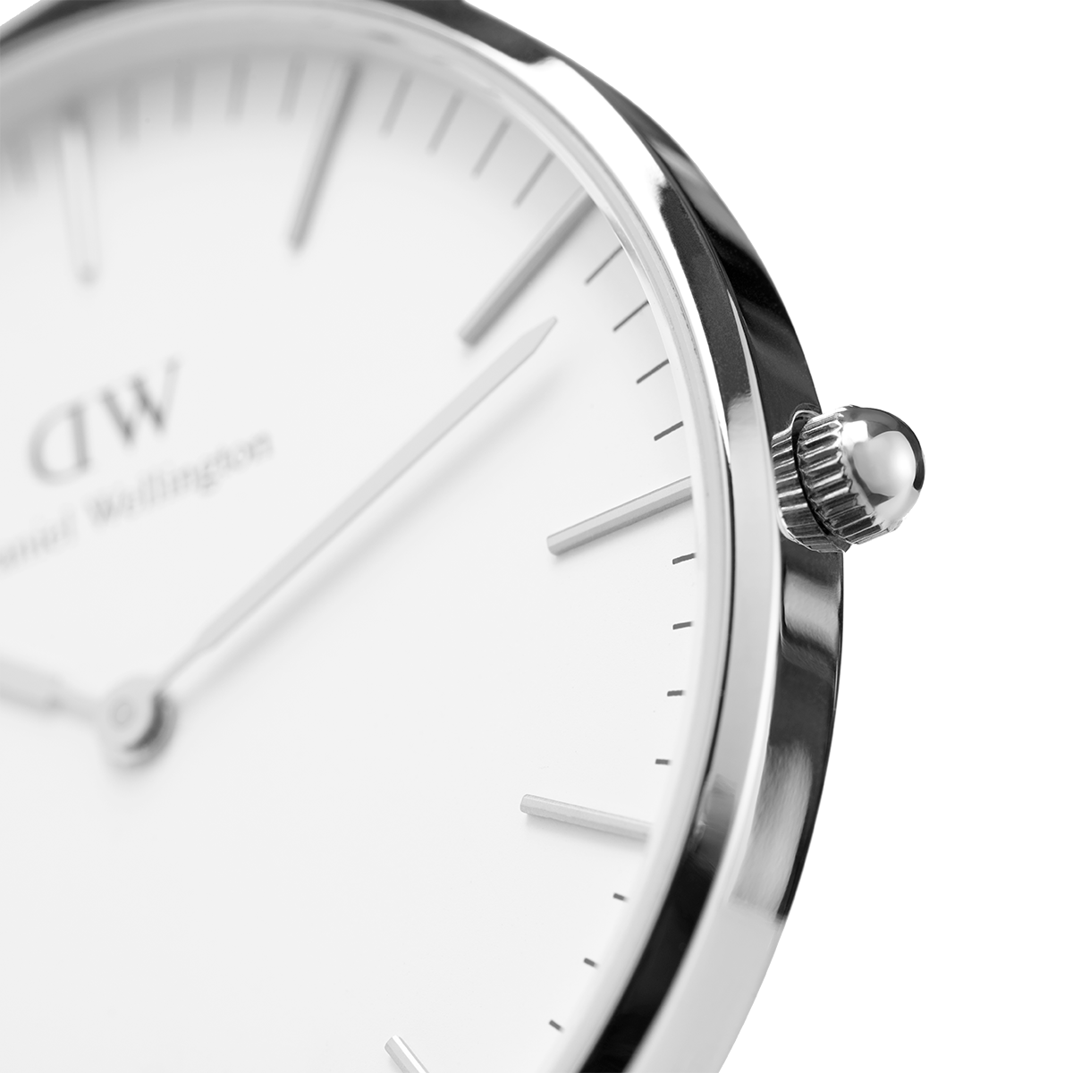 Sleek analog wristwatch with a minimalist white face and silver case.