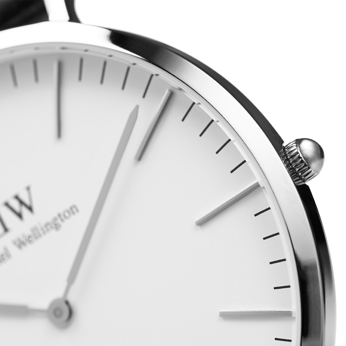 Sleek analog wristwatch with a minimalist white dial and silver case.