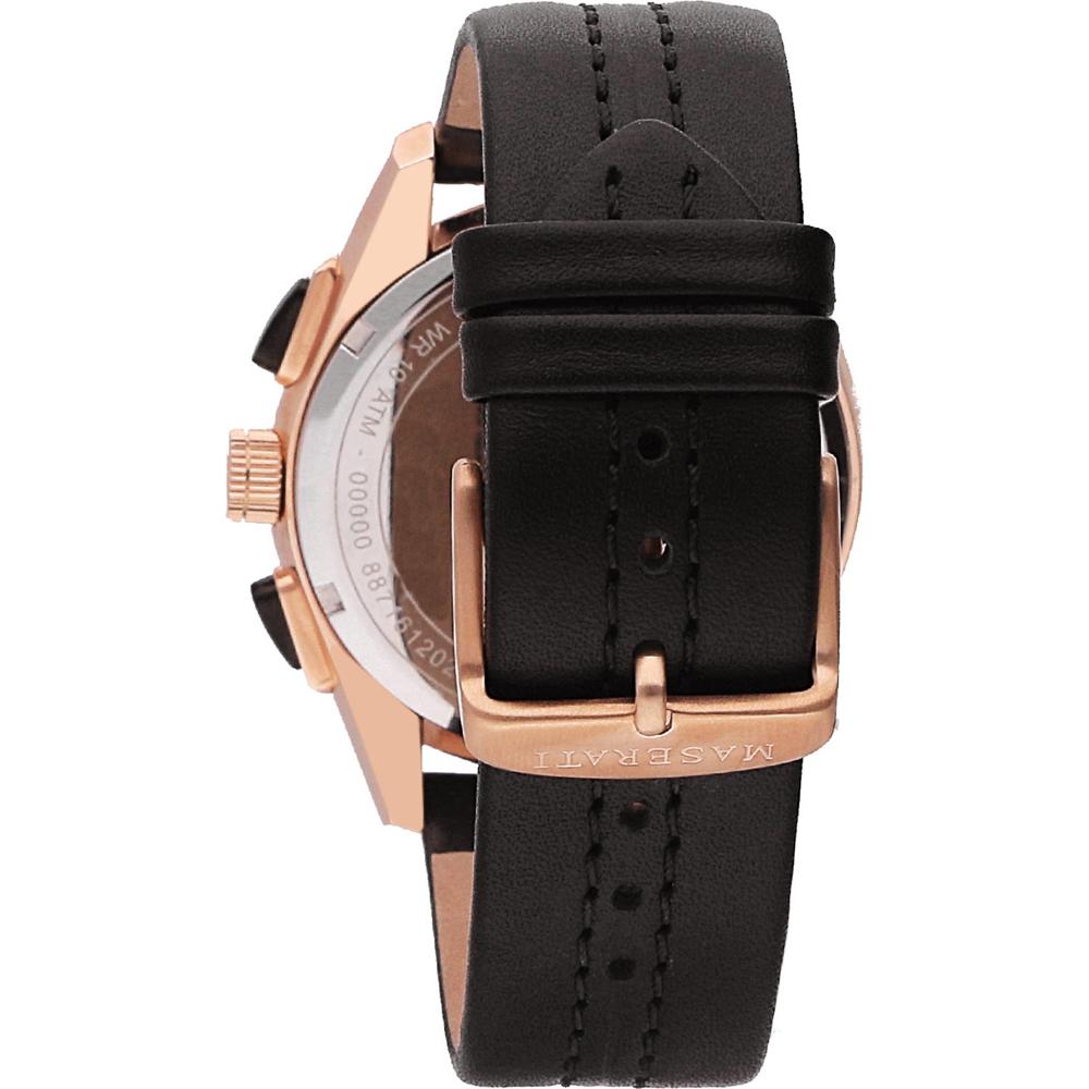 Wristwatch with a black leather strap and rose gold-toned case.