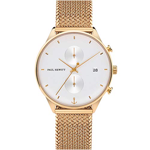 Gold-toned wristwatch with a white face and mesh metal band.