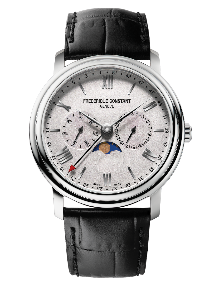 Luxury wristwatch with a white dial, multiple subdials, and a black leather strap.