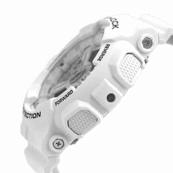 White G-Shock digital wristwatch with prominent side buttons.