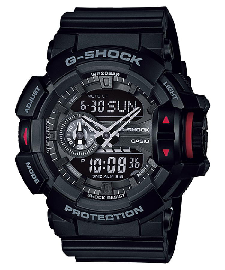 Black G-Shock digital-analog watch with red accents.