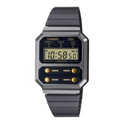 Casio Vintage Revival F100 Black and Gold Dual Time Digital A100WEGG-1A2