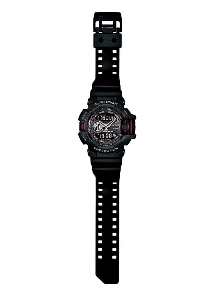 Black digital sports watch with a rugged design and multiple display features.
