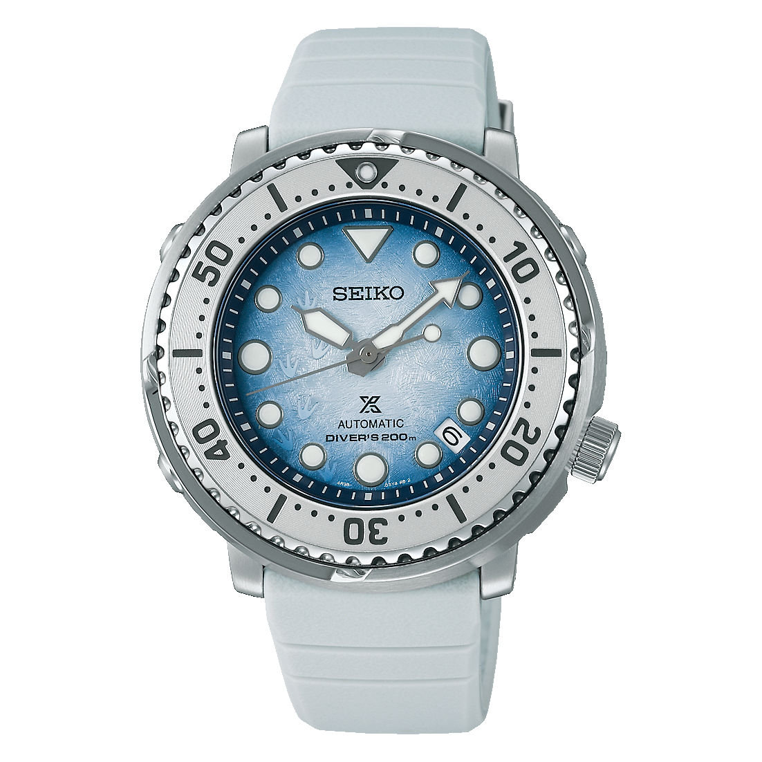 Seiko dive watch with a light blue dial and white rubber strap.