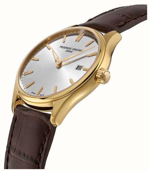 Gold-toned wristwatch with a brown leather strap and white dial face.