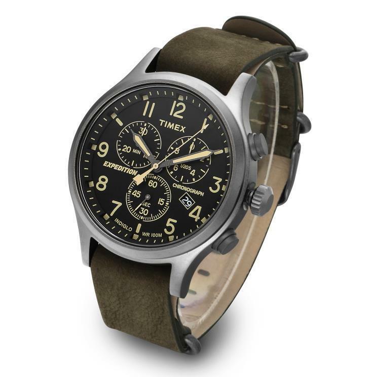 Timex Tw4B04100 Expedition Scout Analog Chronograph Dark Khaki Indiglo Leather Mens Watch