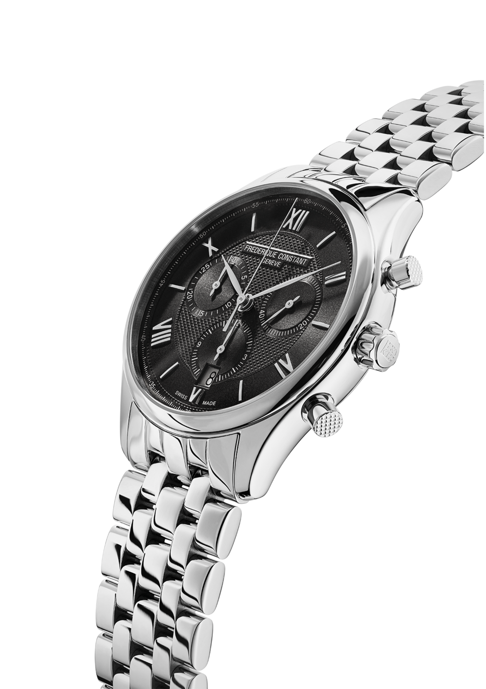Elegant silver wristwatch with a black dial and chronograph features.