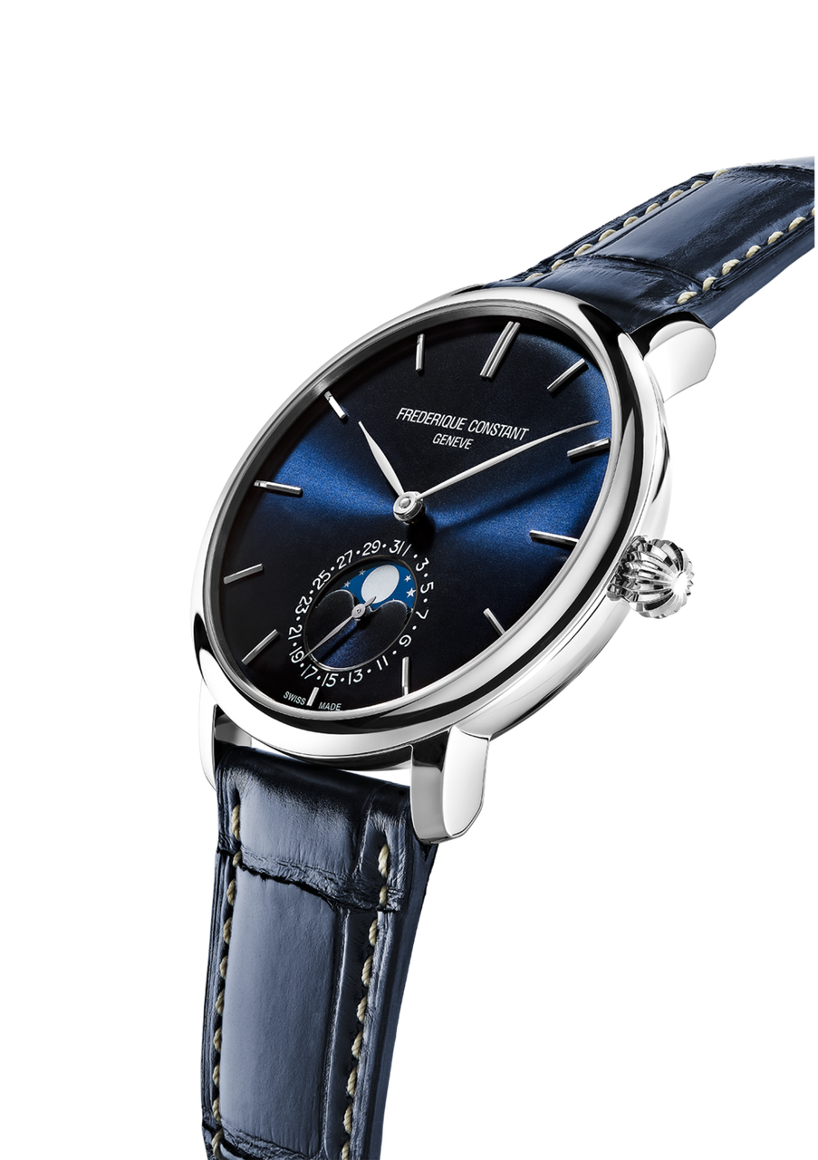 Elegant wristwatch with a blue leather strap and dark blue dial featuring a moon phase complication.