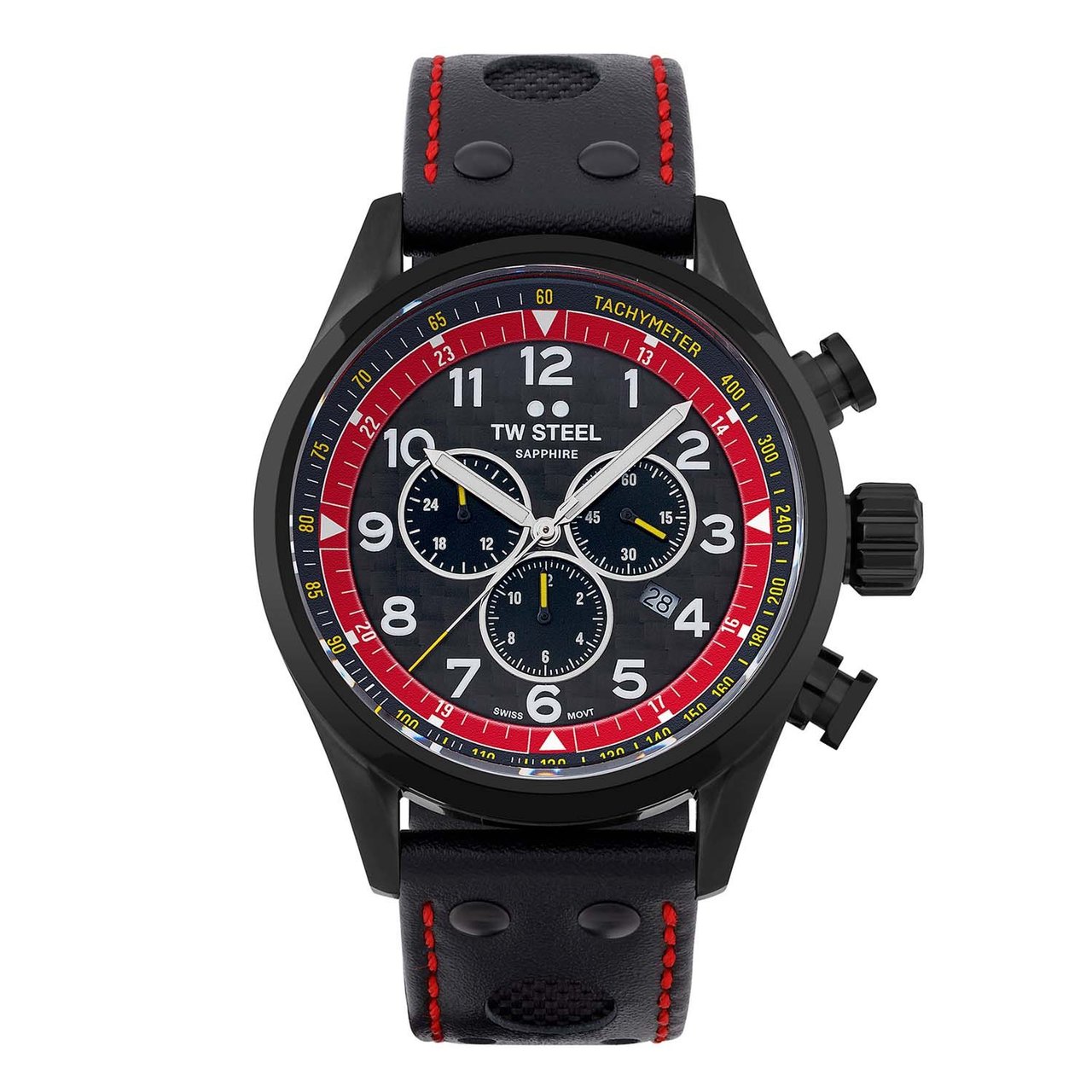 Stylish black and red chronograph wristwatch with a leather strap.