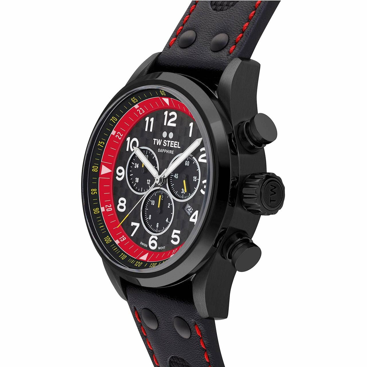 Black sports chronograph wristwatch with red accents on a perforated leather strap.