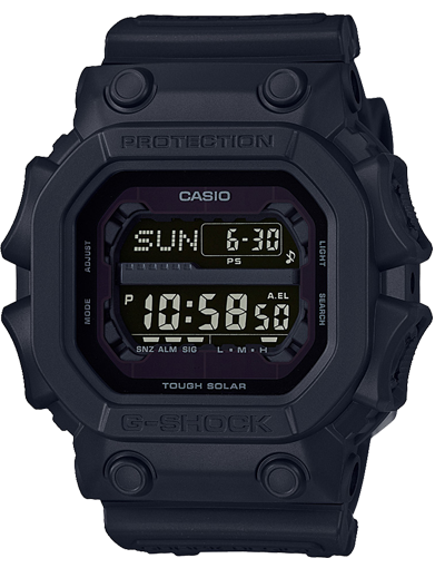 Rugged black digital Casio G-Shock wristwatch with square face displaying time and date.