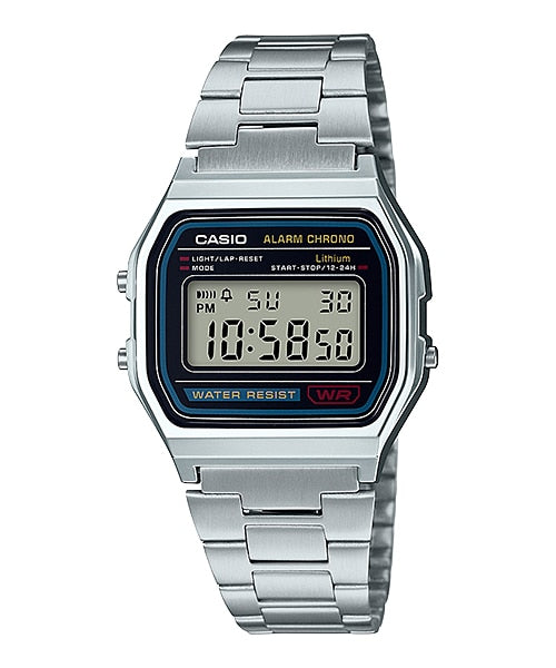 Classic Casio digital watch with a silver metal band and rectangular face displaying time.