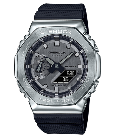 Metallic CasiOak G Shock Watch GM2100 1A with Octagonal Design and Stainless Steel Bezel