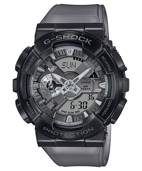 G-Shock wristwatch with a black and gray color scheme featuring a digital-analog hybrid display.