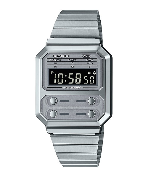 Casio Vintage Revival F100 All Silver Dual Time Digital A100WE-7B