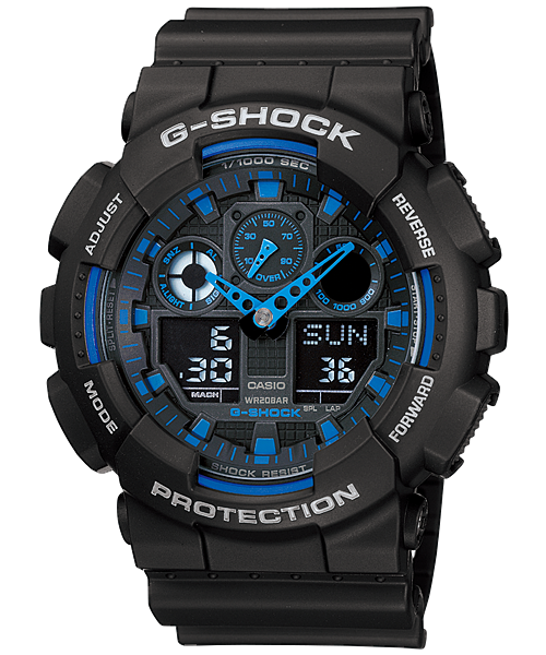 G-Shock digital sports watch with a black case and blue accents on the dial.