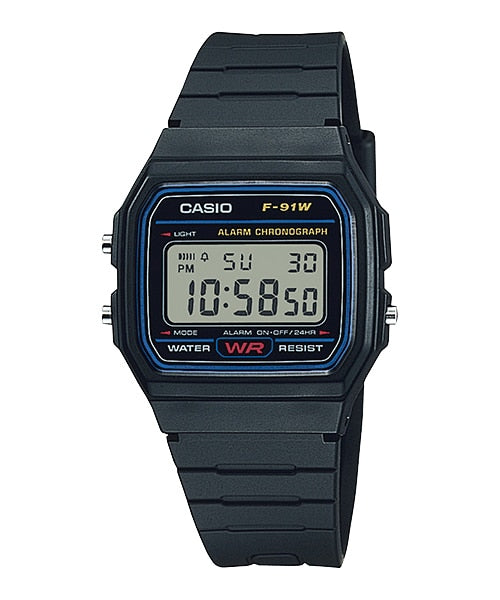 Classic Casio digital watch with a black resin band and rectangular face displaying time.