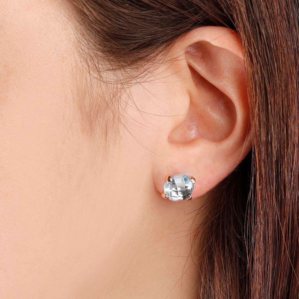 Bronzallure Felicia Shiny Round Faceted Blue Topaz Button Stud Earrings